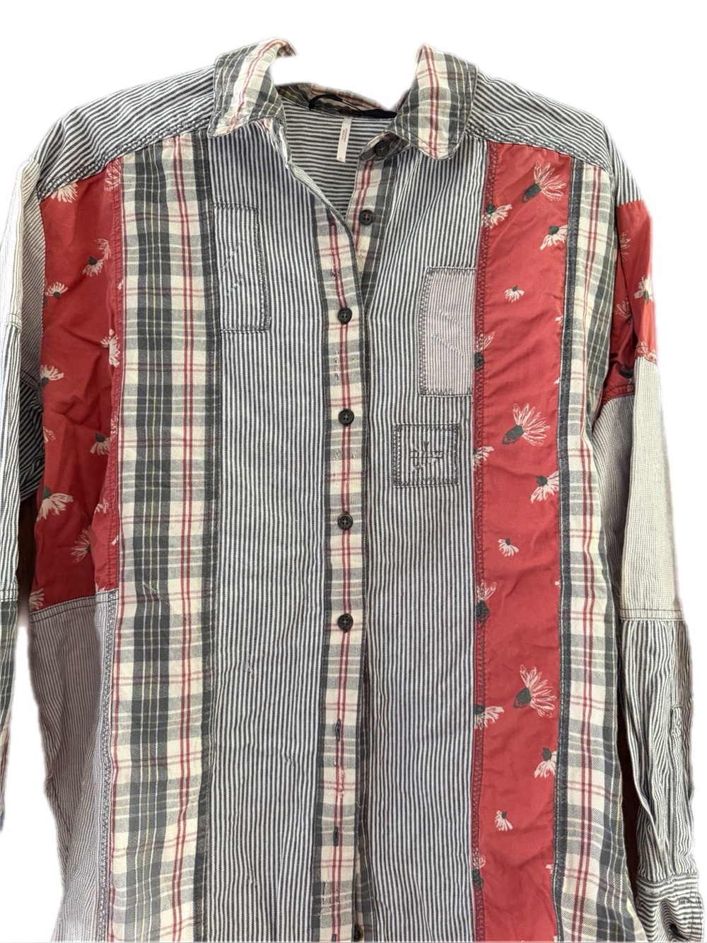 Free People All Patched Up Button Down Shirt Patchwork Plaid Floral Oversized M - Picture 11 of 15